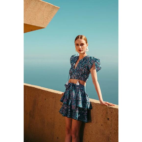 NWT Cleobella Alice Blouse Crop Top Blue Floral Paisley Ruffle Button Ta… - Picture 7 of 8